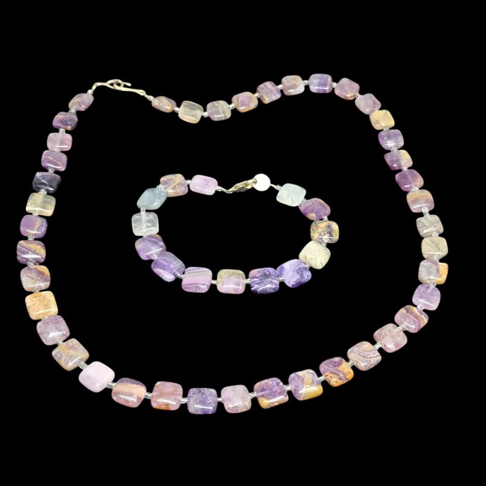 Vintage Purple Jasper Stone Necklace Bracelet Set Beaded 1990s Jewelry